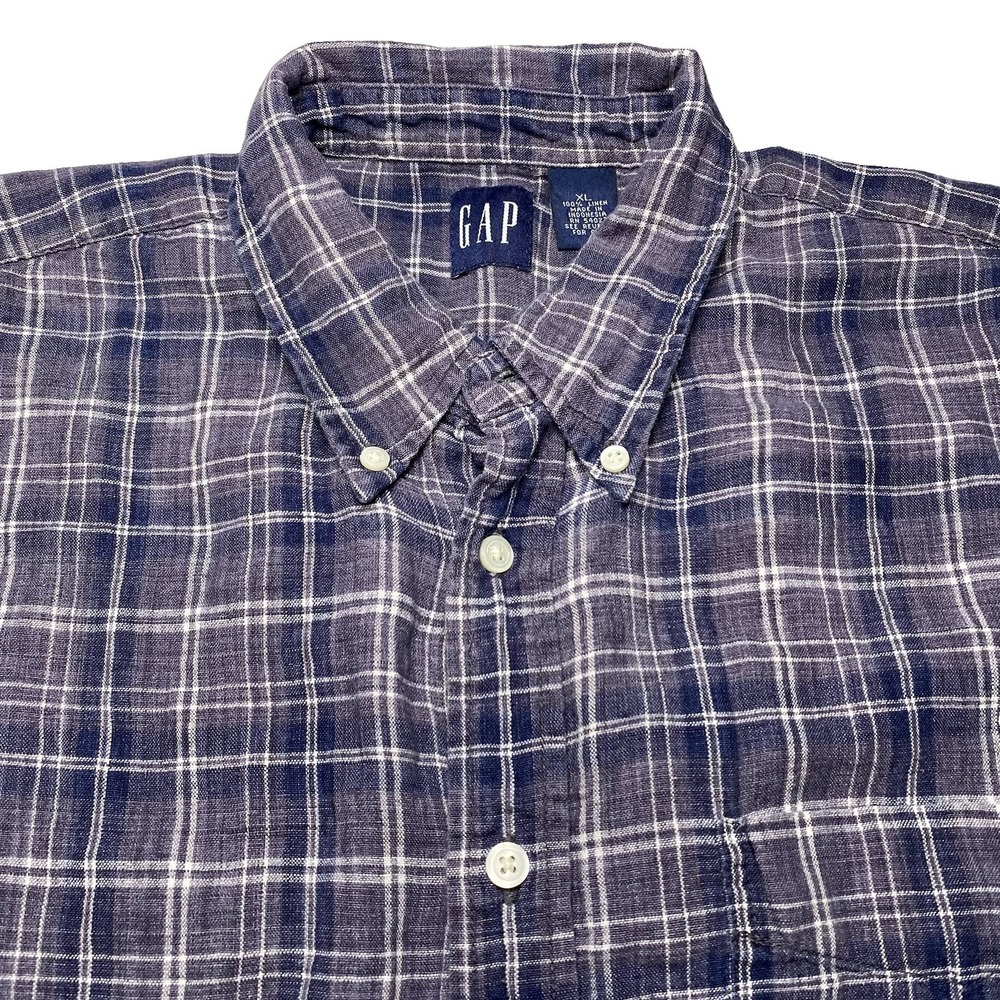 90s Y2K Gap Linen Shirt XL S/S Button Down Purple Gray Plaid Grunge Normcore - Picture 1 of 8